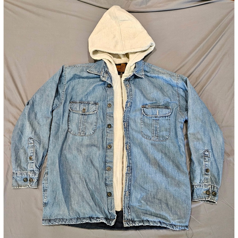 St Johns Bay Denim Shirt Jacket Mens Large Blue Hooded Quilted Lined